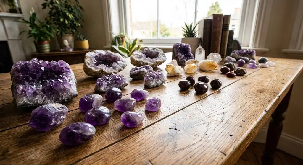 Gemstones positioned on a wooden table