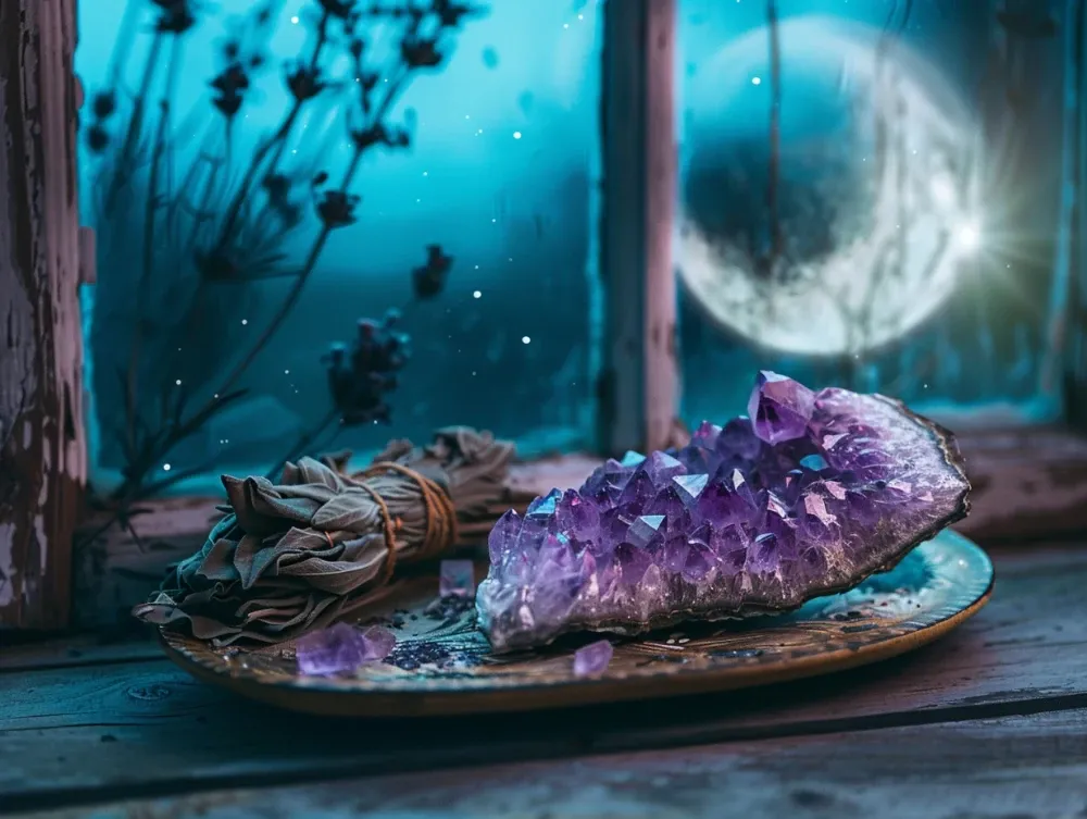 Amethyst crystal cluster on charging plate beside sage bundle on wooden windowsill under full moon for cleansing and charging