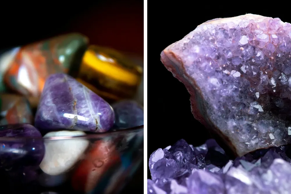 Side by side comparison of raw vs polished amethyst